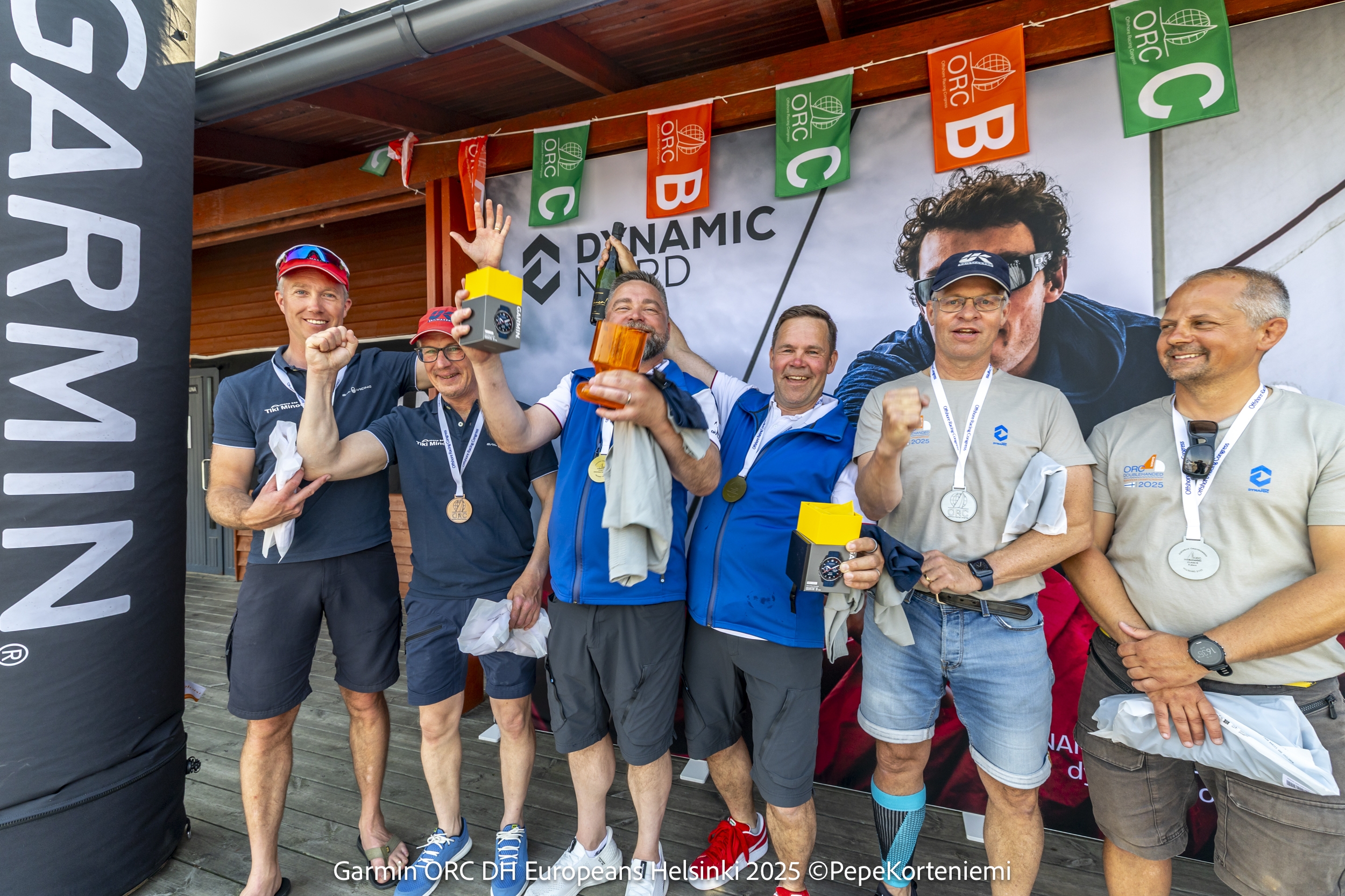 ORC Class B podium: Gold - TEAM GOODIO (FIN) – Kim Jääskeläinen and Turo Nummi ; Silver: Anemon II SWE – August Pansell / Martin Persson ; Bronze: Tiki Minos (SWE) – Johan Karlsson and Michael Skarped - Garmin ORC DH European Championship Helsinki 2025 © Pepe Korteniemi