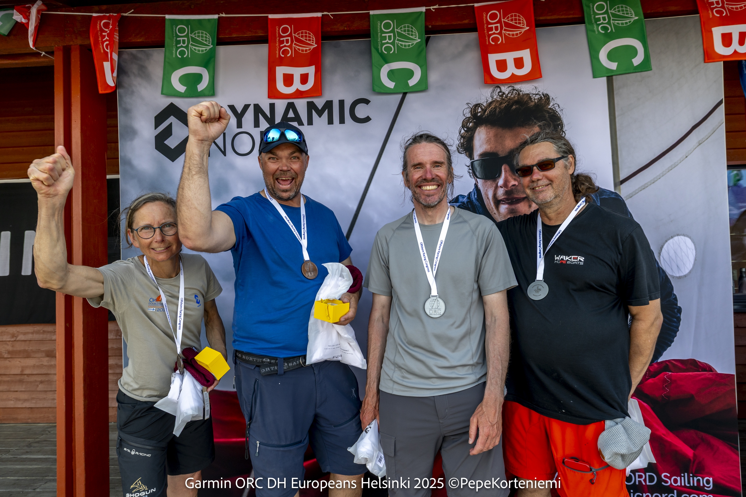 ORC Class A podium - Silver: KAMINAMI (FIN) Antti Niiniranta and Peter Flinkmann ; Bronze: NIKE (SWE) - Martin Angsell and Anna Drougge - Garmin ORC DH European Championship Helsinki 2025 © Pepe Korteniemi