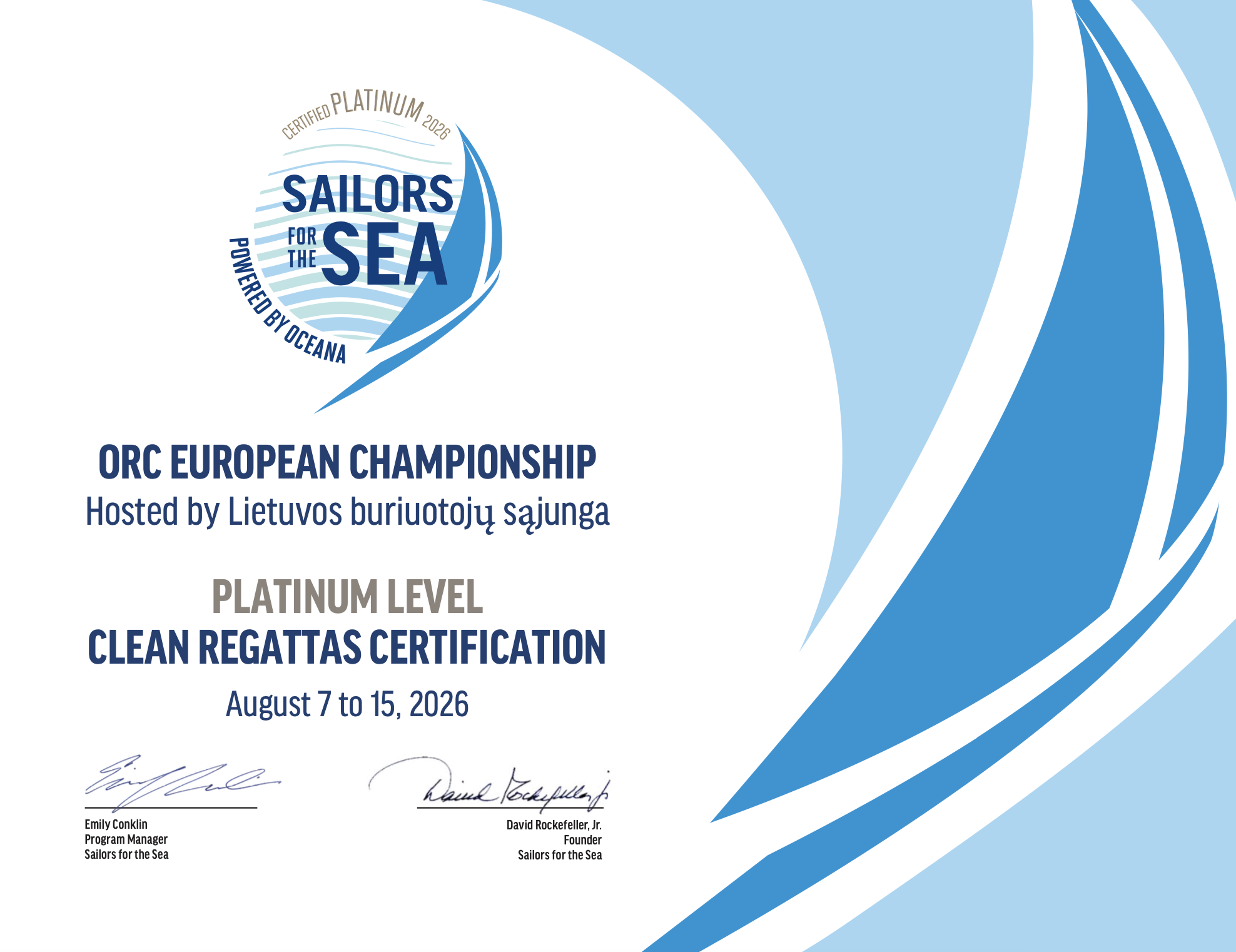 The highest Platinum-level certification under the global Clean Regattas sustainability programme - Klaipėda ORC European Championship 2026, Lithuania