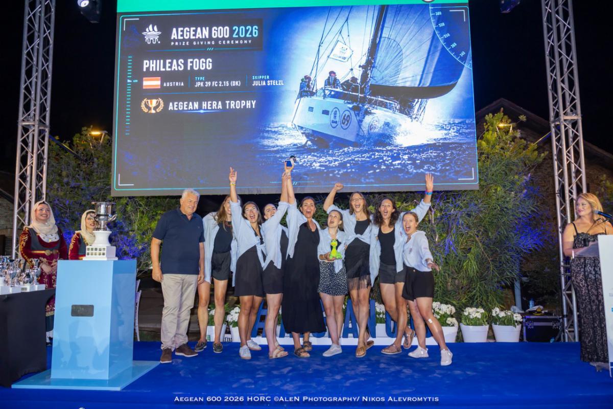 The PHILEAS FOGG (AUT) team showing their thrill at winning the Aegean Hera Trophy for being the first all-female team to finish the race