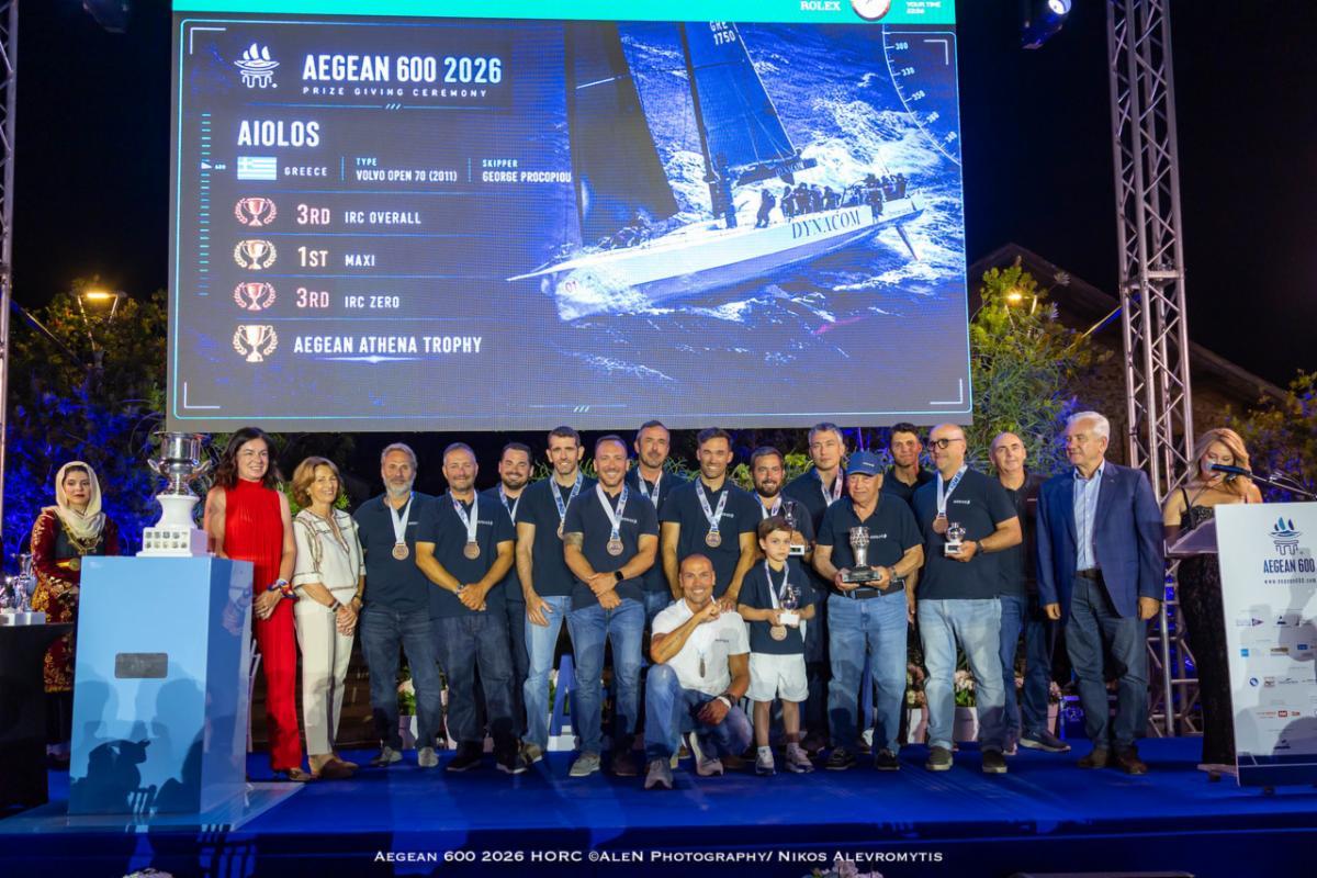 George Procopiou's Volvo 70 AIOLOS (GRE) team filled the stage as the largest crew in the event, winners of the Maxi class and the Aegean Athena Trophy
