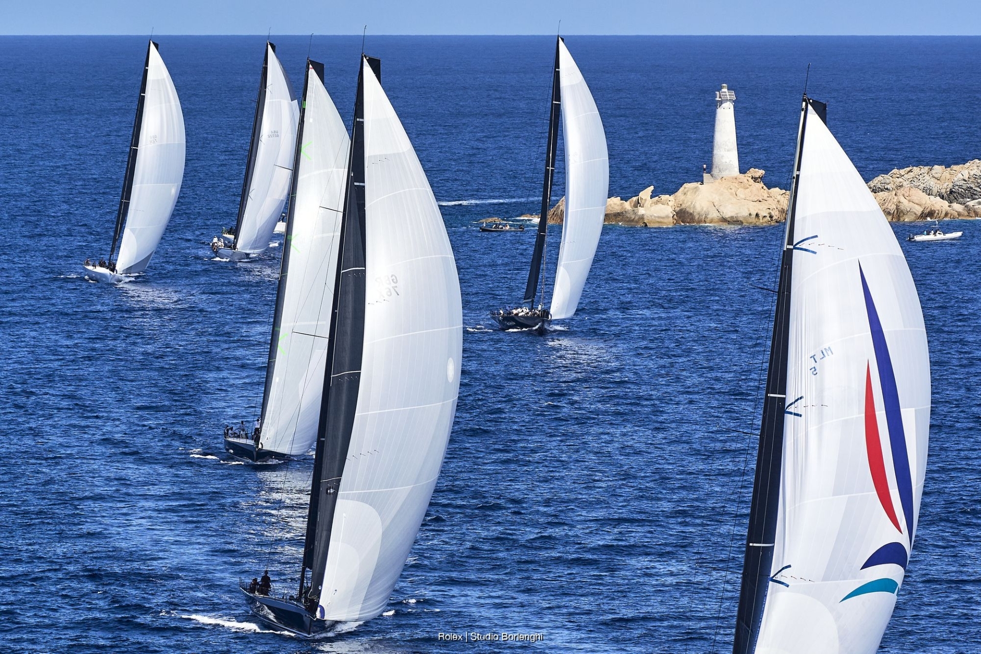 The Maxi Grand Prix fleet with World Champion Northstar III in the foreground, Maxi Yacht Rolex Cup 2026.  Photo credit: Rolex/Studio Borlenghi