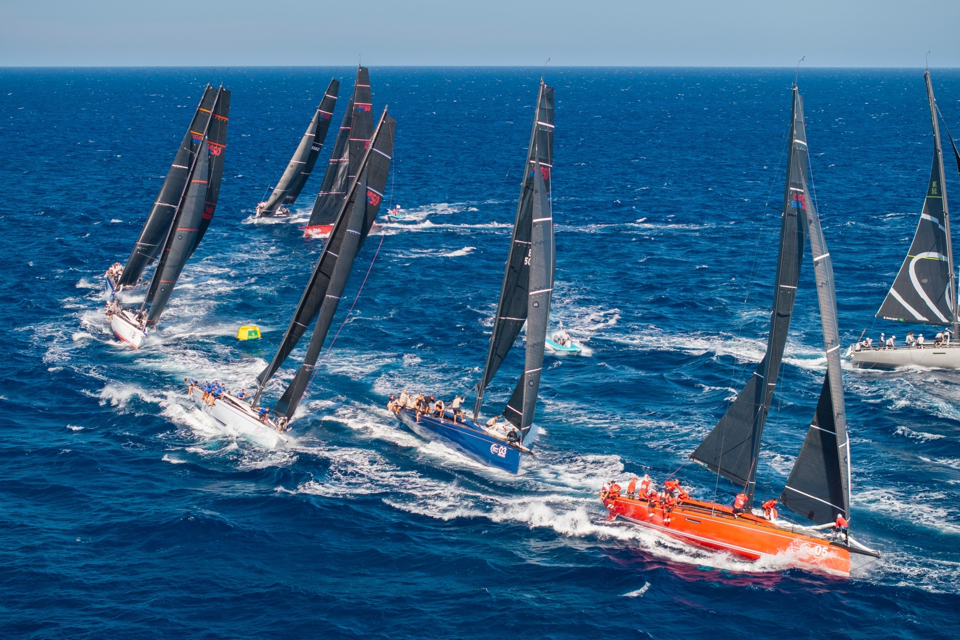 The ClubSwan 50 fleet, led by Earlybird. Photo credit: YCCS/Daniele Macis