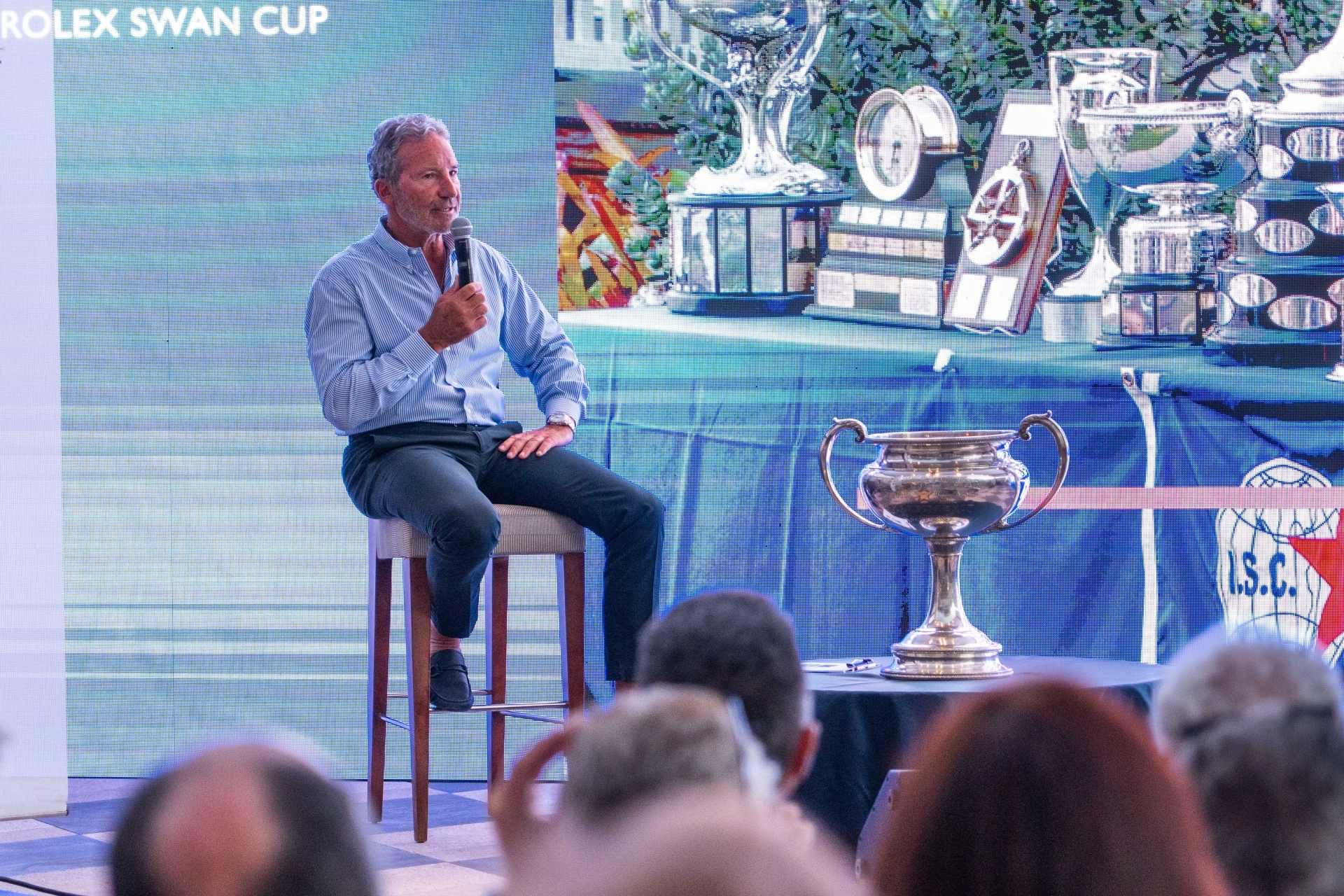 Paul Cayard’s Meet and Greet in Piazza Azzurra, Rolex Swan Cup 2026. Photo credit: YCCS/Daniele Macis