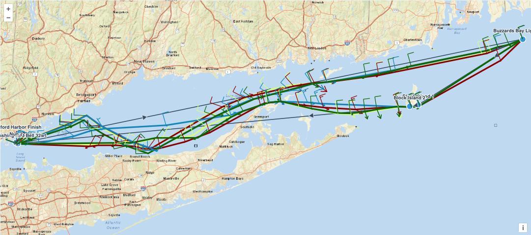 Predicted routes for ORC fleet members in the 238-mile Stamford-Vineyard Race, showing tracks and predicted wind and current conditions on the course for select entries